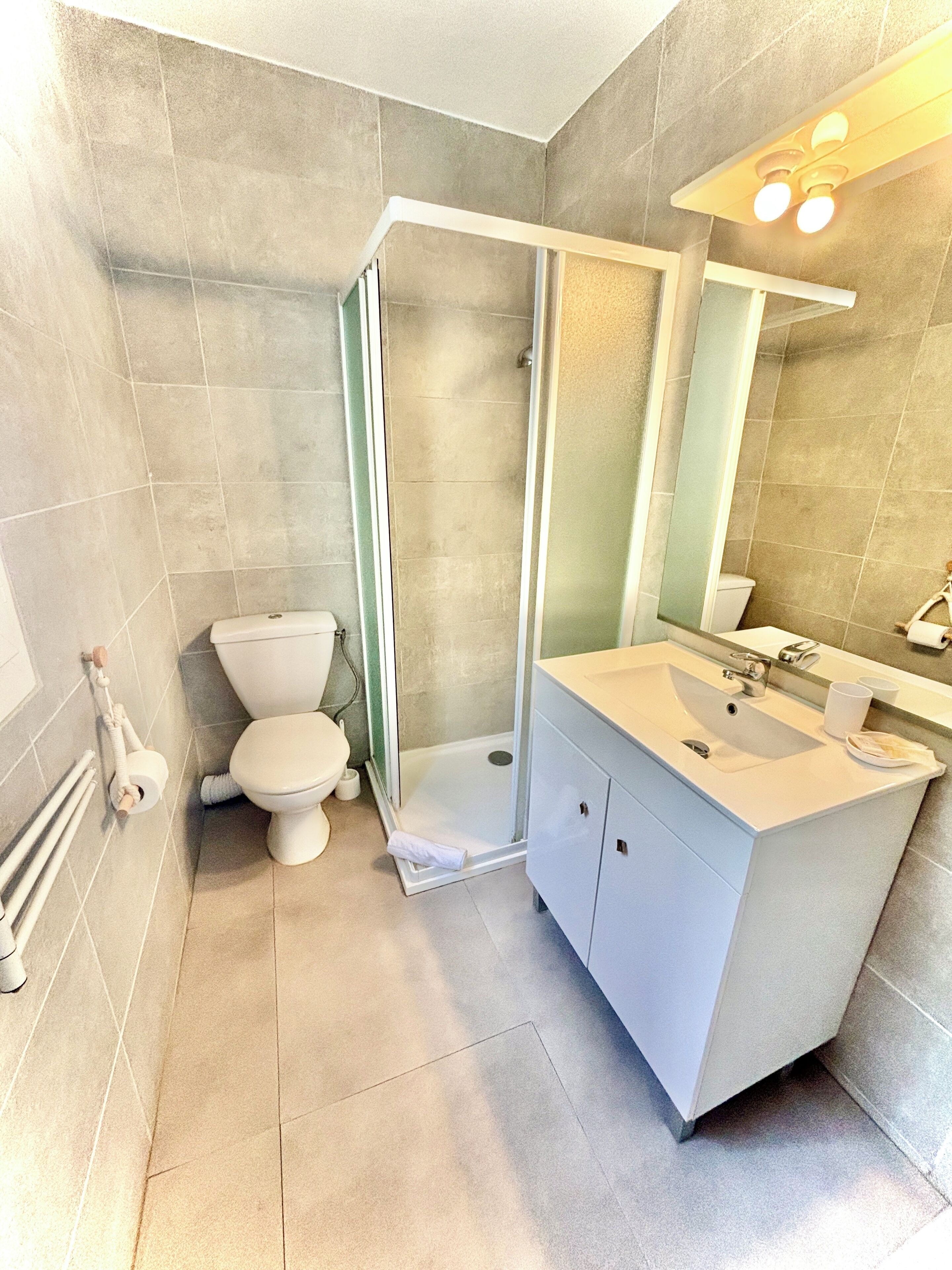 A modern bathroom with a glass-enclosed shower, a white toilet, and a large sink with a mirror above it.