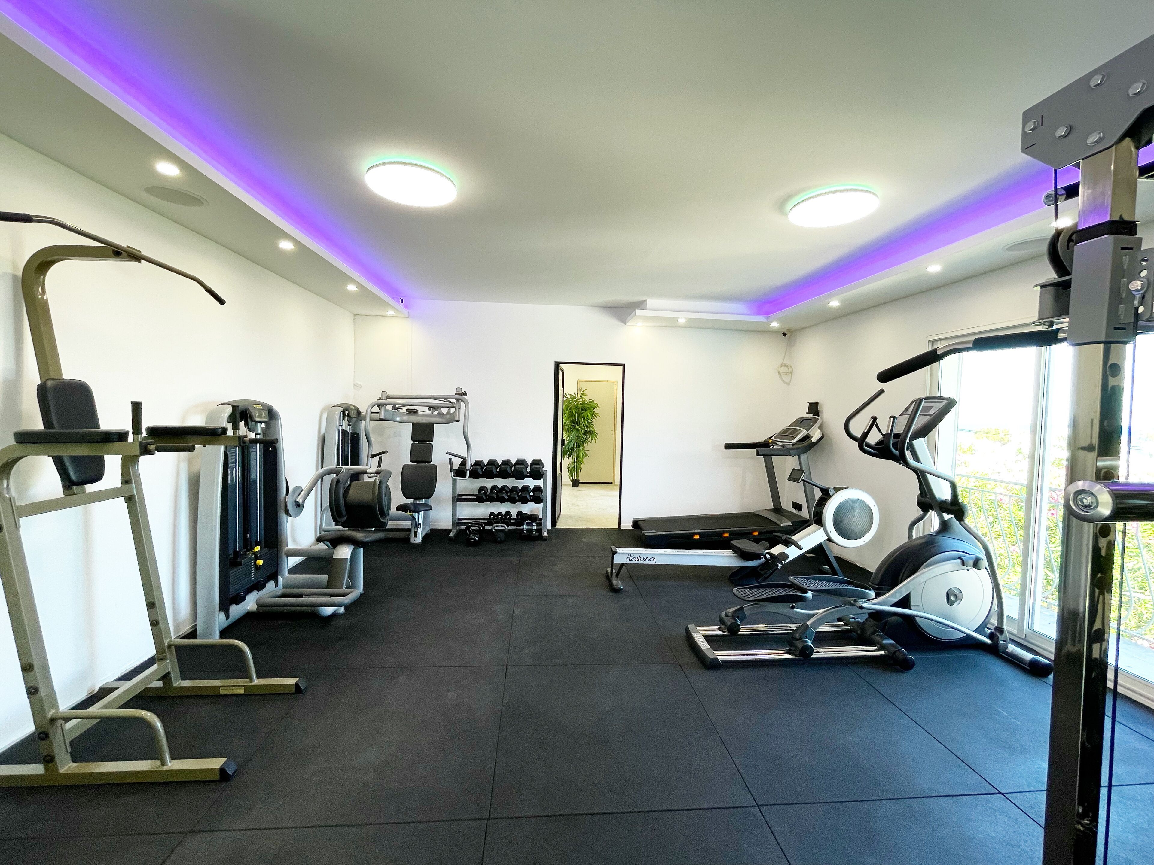 A gym with various exercise equipment, including treadmills, weight machines, and dumbbells.