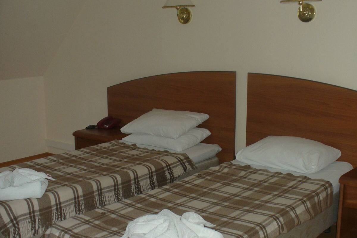 A double bed with a wooden headboard, two bedside tables, and a checkered bedspread.