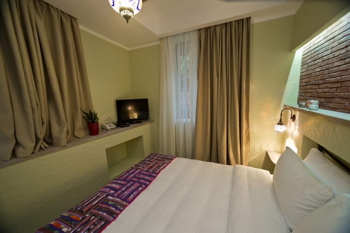 Une chambre d’hôtel avec un lit, un téléviseur posé sur un meuble, une petite table avec un téléphone et une plante, et une fenêtre avec des rideaux.