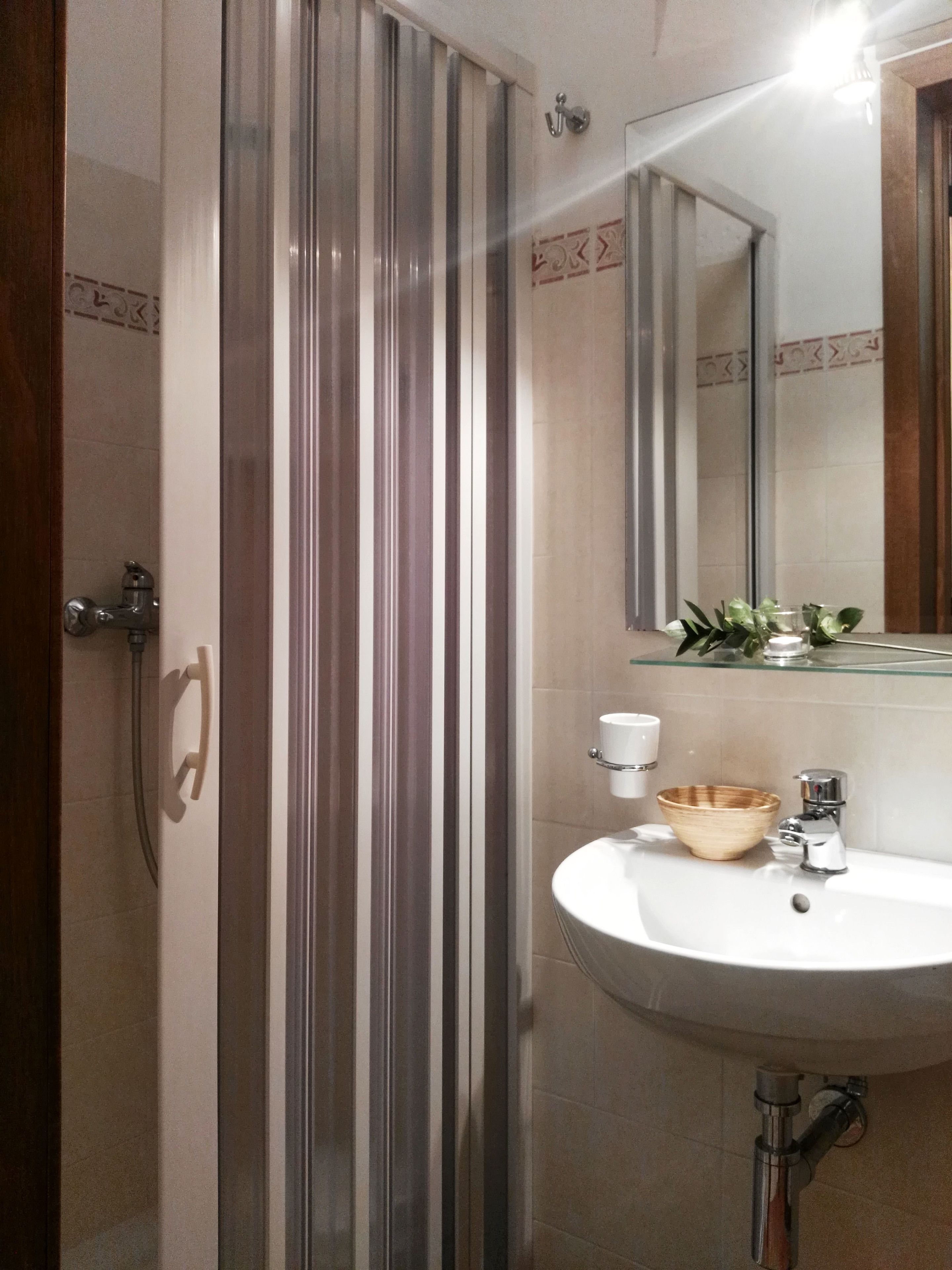 A bathroom with a shower, a sink, and a mirror.