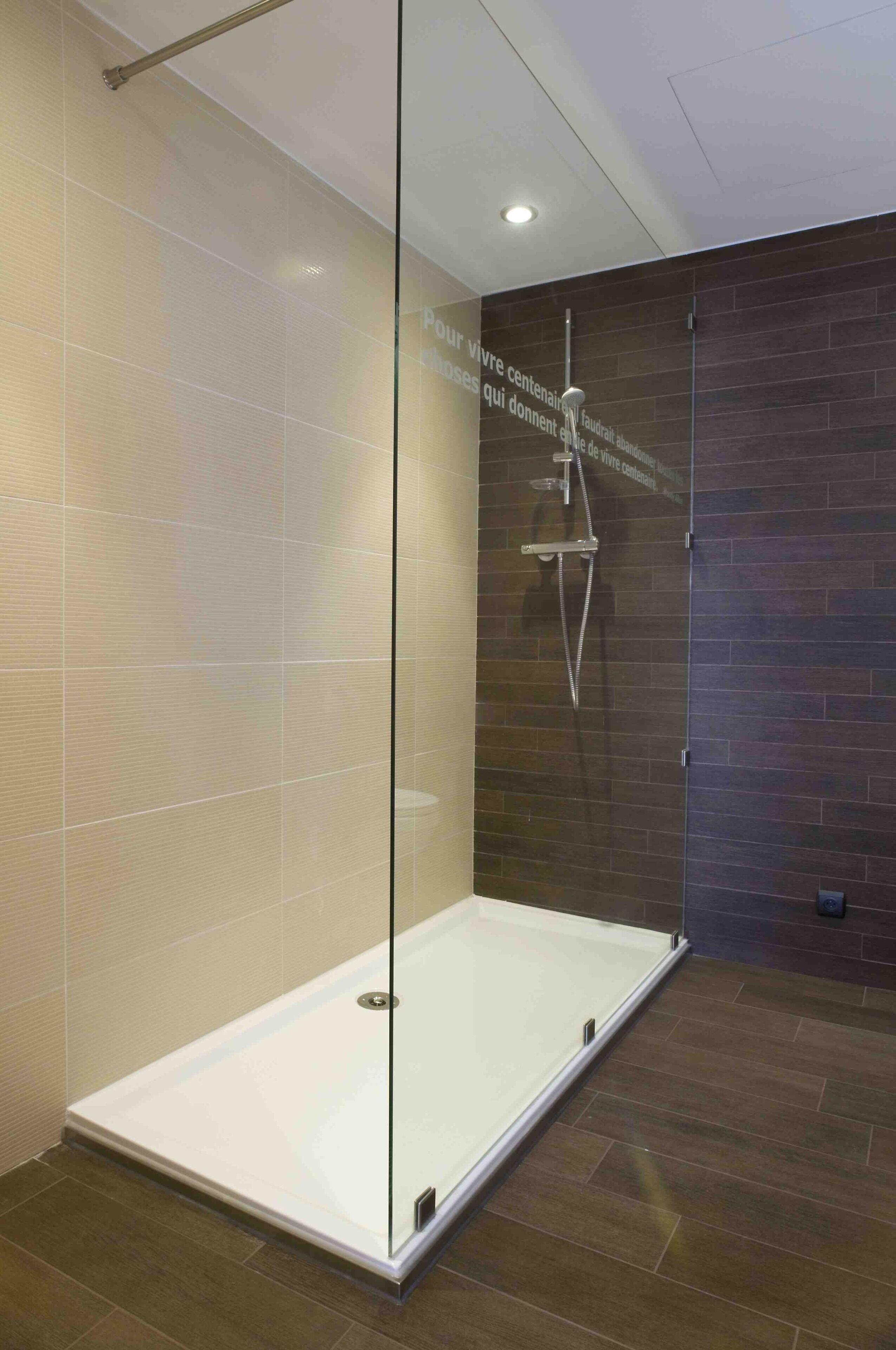 A modern shower area with a glass enclosure, a showerhead, and a tiled floor.