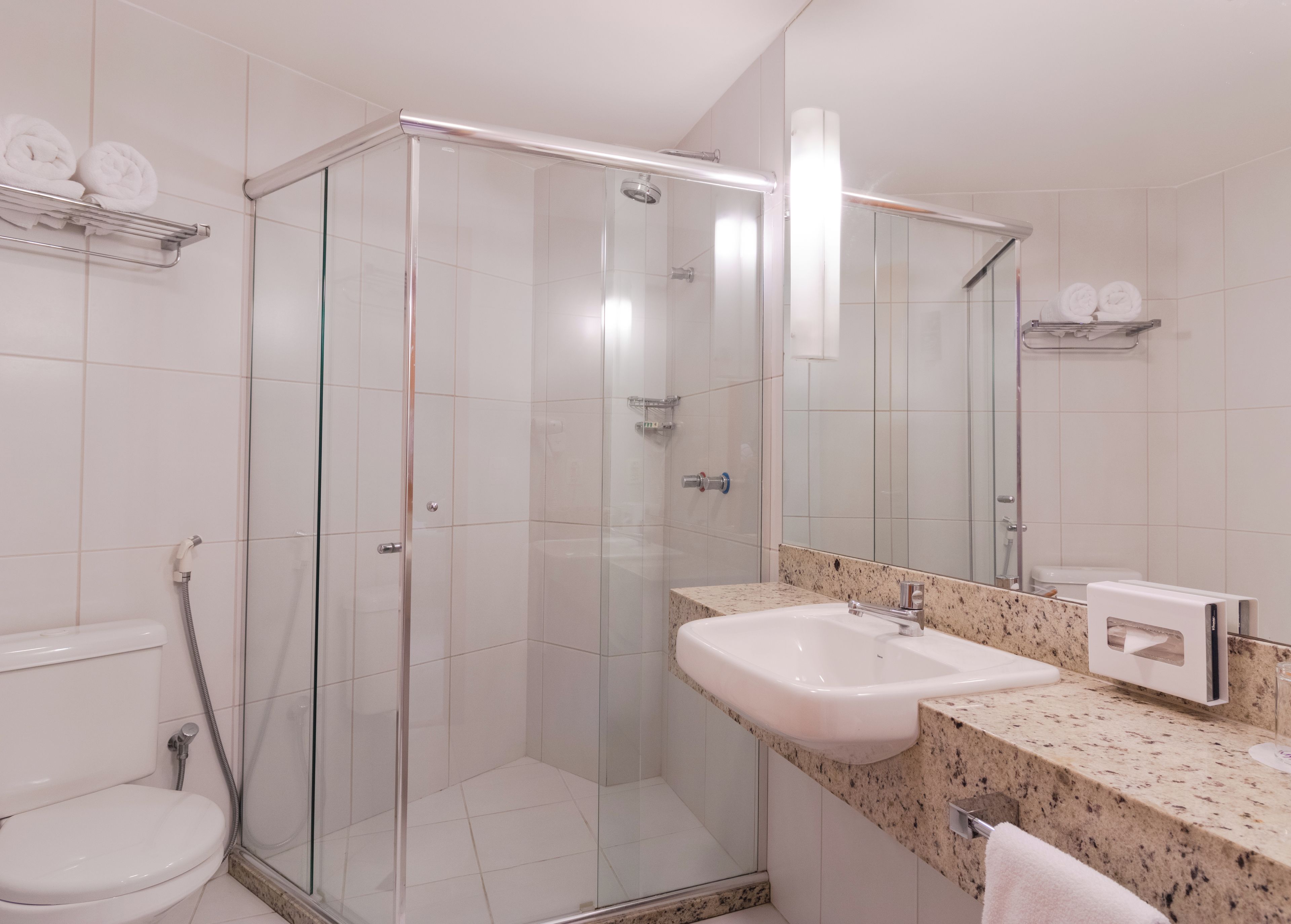 A modern bathroom with a glass-enclosed shower, a white sink, and a toilet.