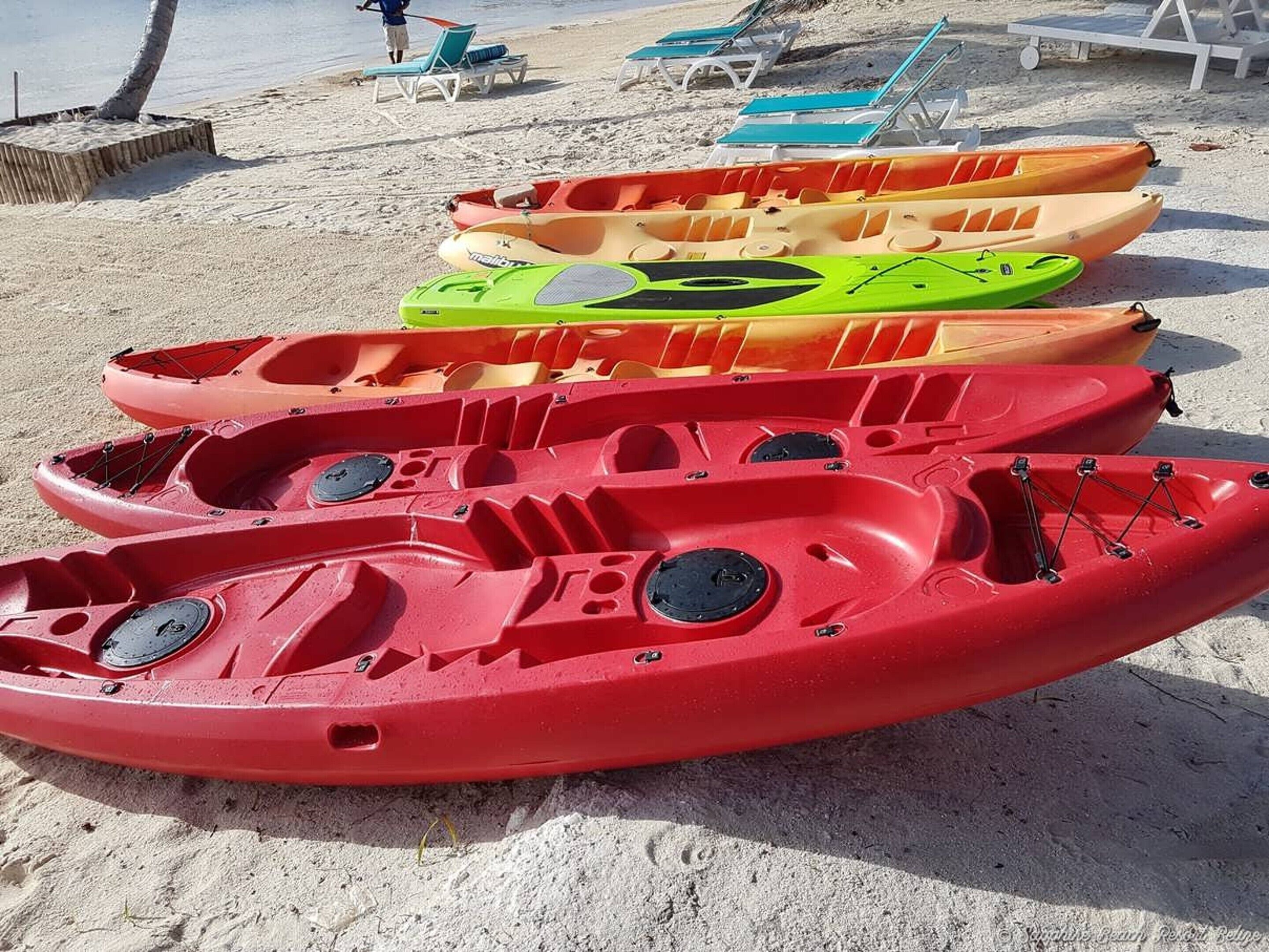 A row of kayaks lined up on a sandy beach with lounge chairs in the background.