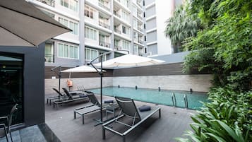 Outdoor pool, pool umbrellas