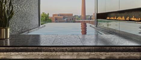 Indoor pool, outdoor pool, pool umbrellas, sun loungers