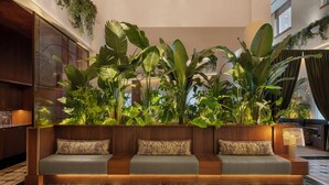 A modern lobby with a sofa, plants, and a patterned floor.