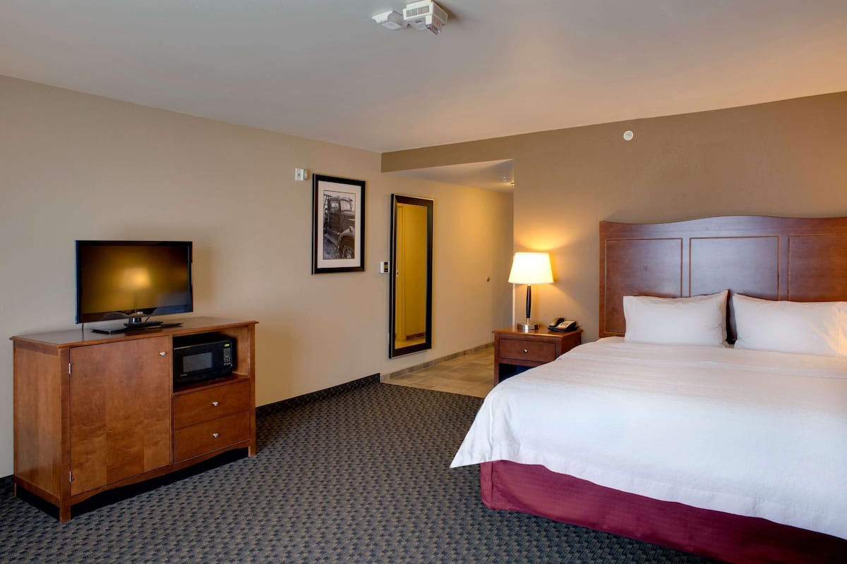 A hotel room with a bed, a TV, a microwave, a lamp, and a framed picture on the wall.
