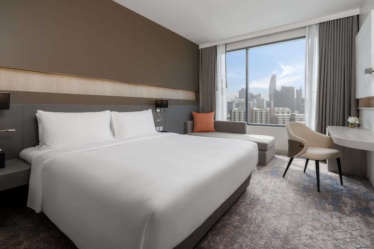 In-room safe, desk, laptop workspace, blackout curtains