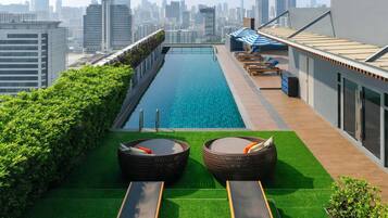 A rooftop pool with two sun loungers and a city skyline in the background.