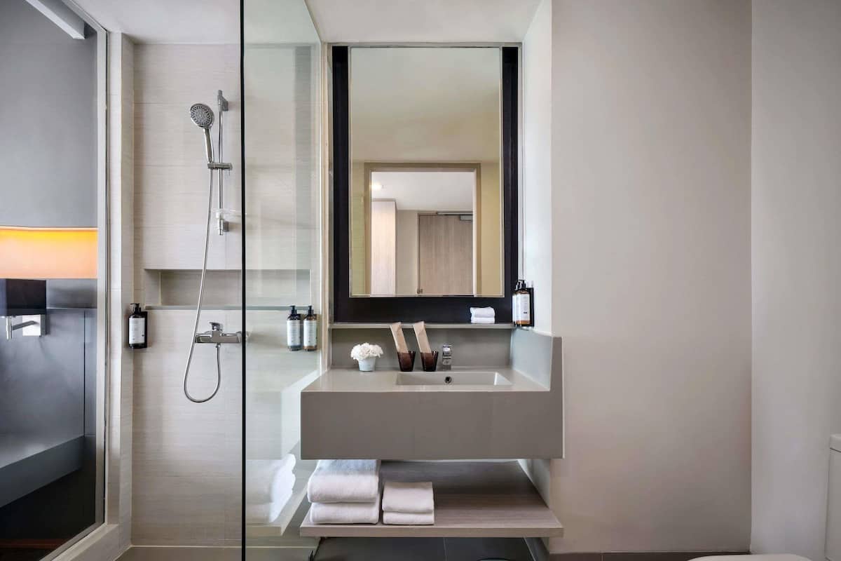 Shower, rainfall showerhead, eco-friendly toiletries, hair dryer
