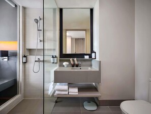 Dusche, Regendusche, umweltfreundliche Kosmetikartikel, Haartrockner