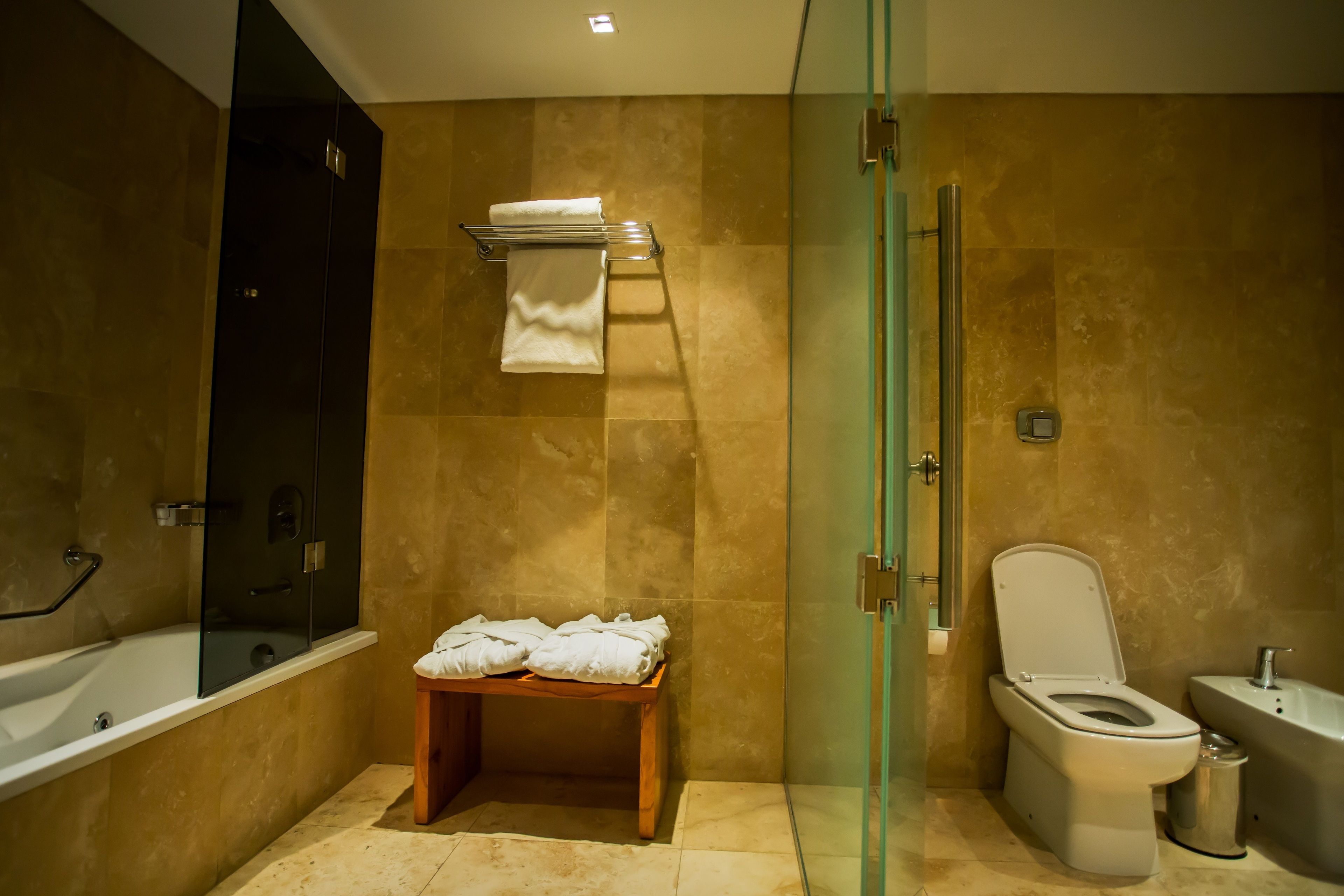 shower, designer toiletries, hair dryer, bidet