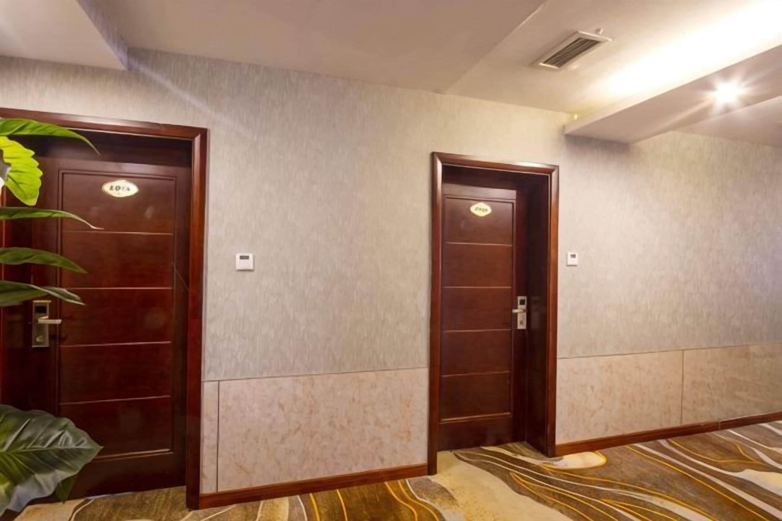 A hallway with two wooden doors, a plant, and a patterned carpet.