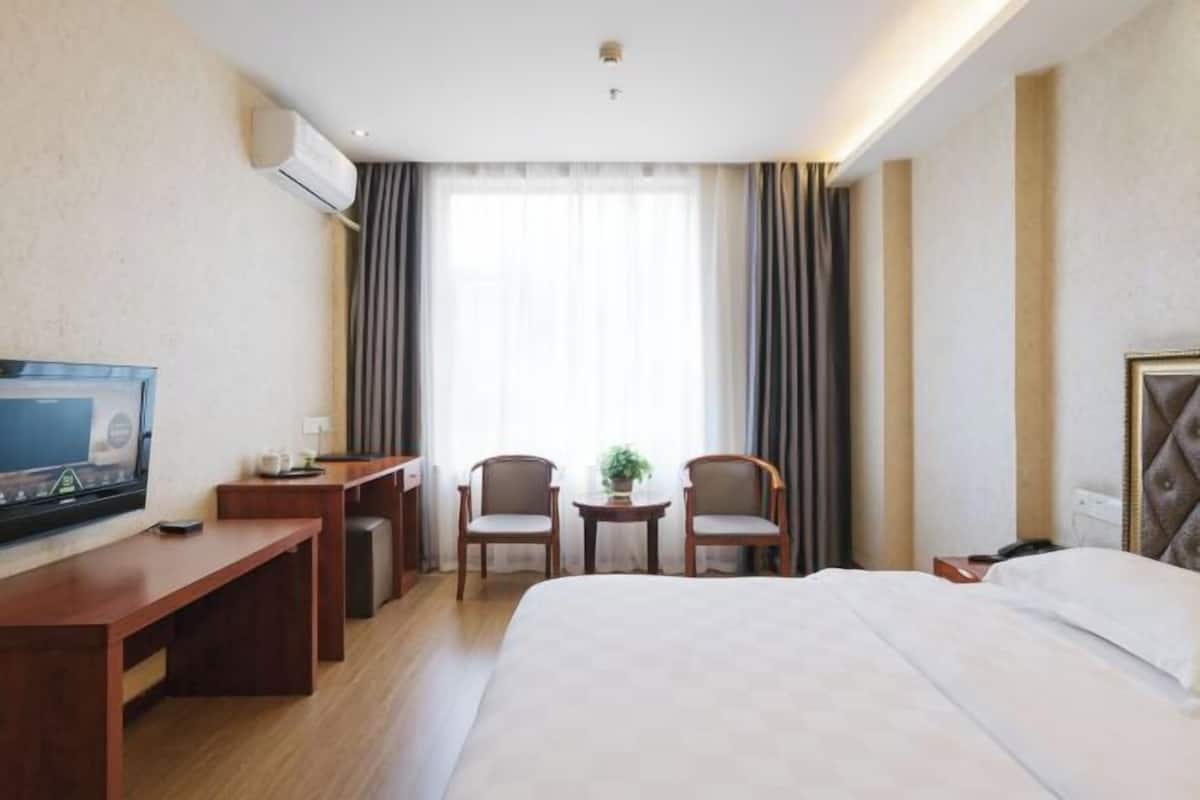 Ein Hotelzimmer mit einem Bett, einem Schreibtisch mit Fernseher, zwei Stühlen, einem kleinen Tisch mit Pflanze und einem Fenster mit Vorhängen.