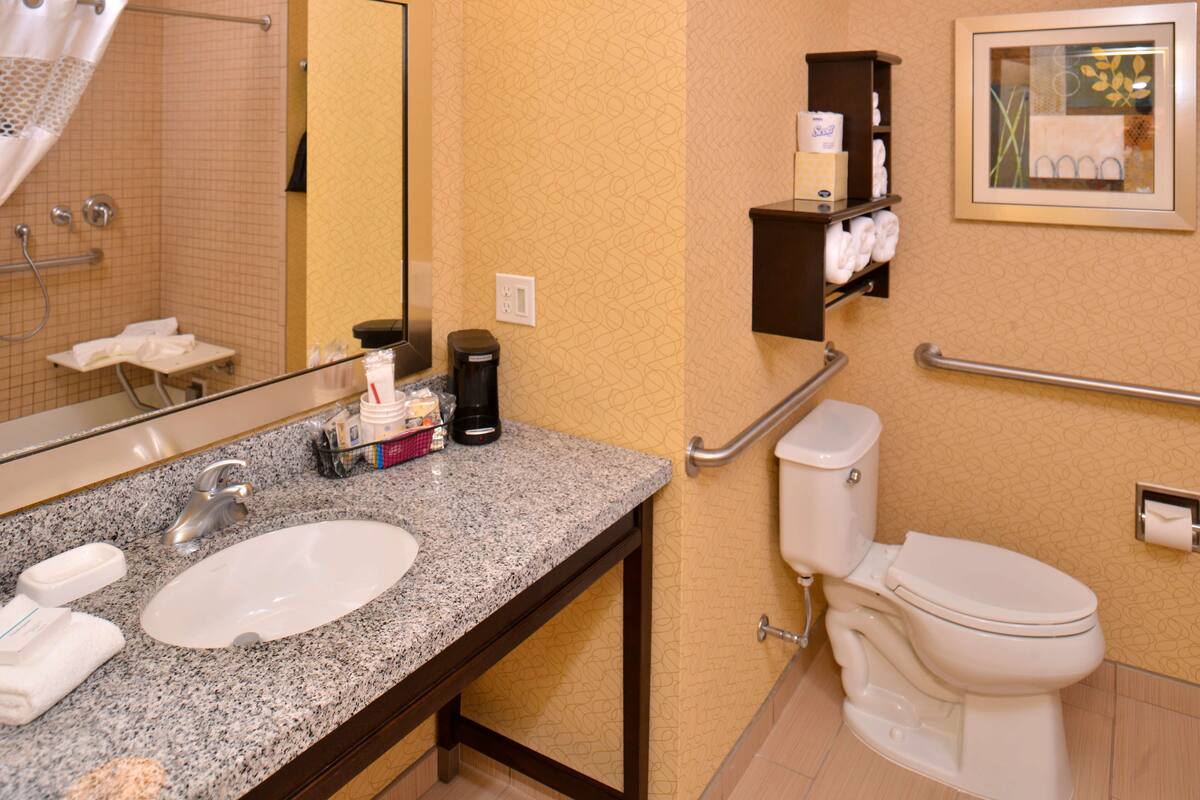 A bathroom with a granite countertop sink, a mirror, a toilet, a handrail, and a shelf with towels.