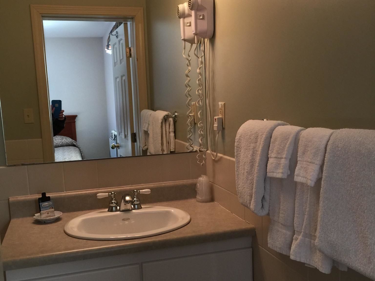 A bathroom with a sink, mirror, towel rack, and hairdryer.