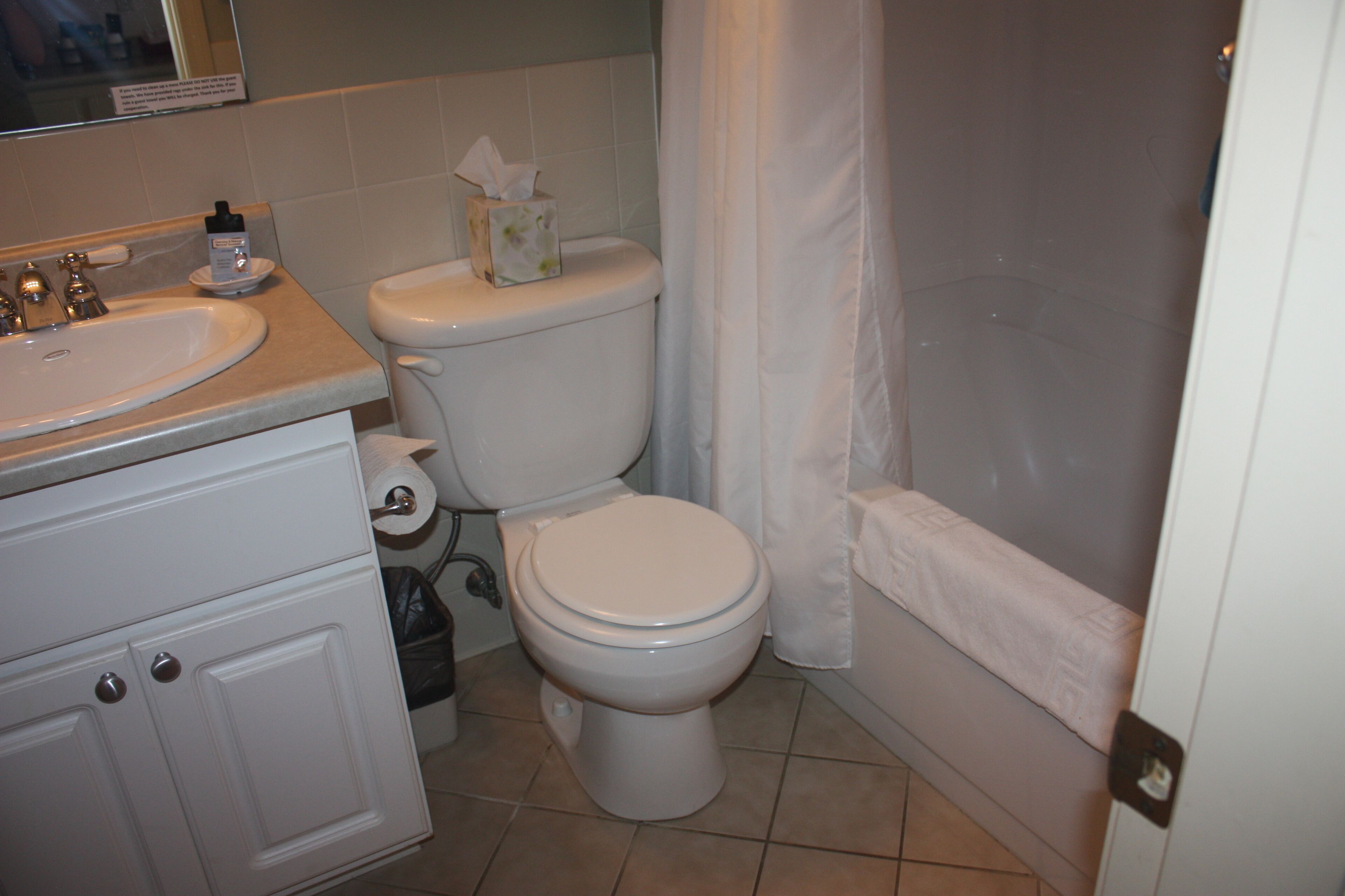 Ein Badezimmer mit Toilette, Waschbecken und Duschvorhang.