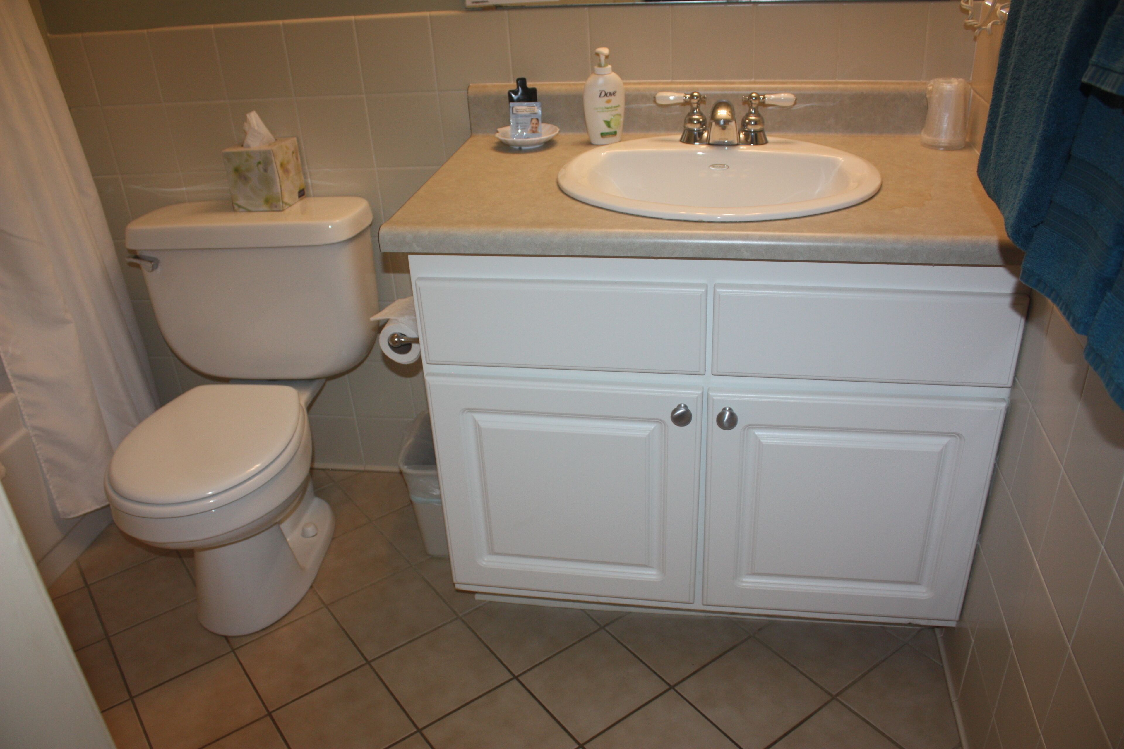 A bathroom with a toilet, sink, and cabinet.