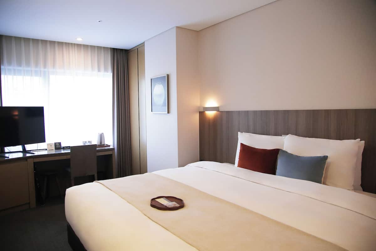 A hotel room with a bed, a desk, a chair, a television, and a wall-mounted light.