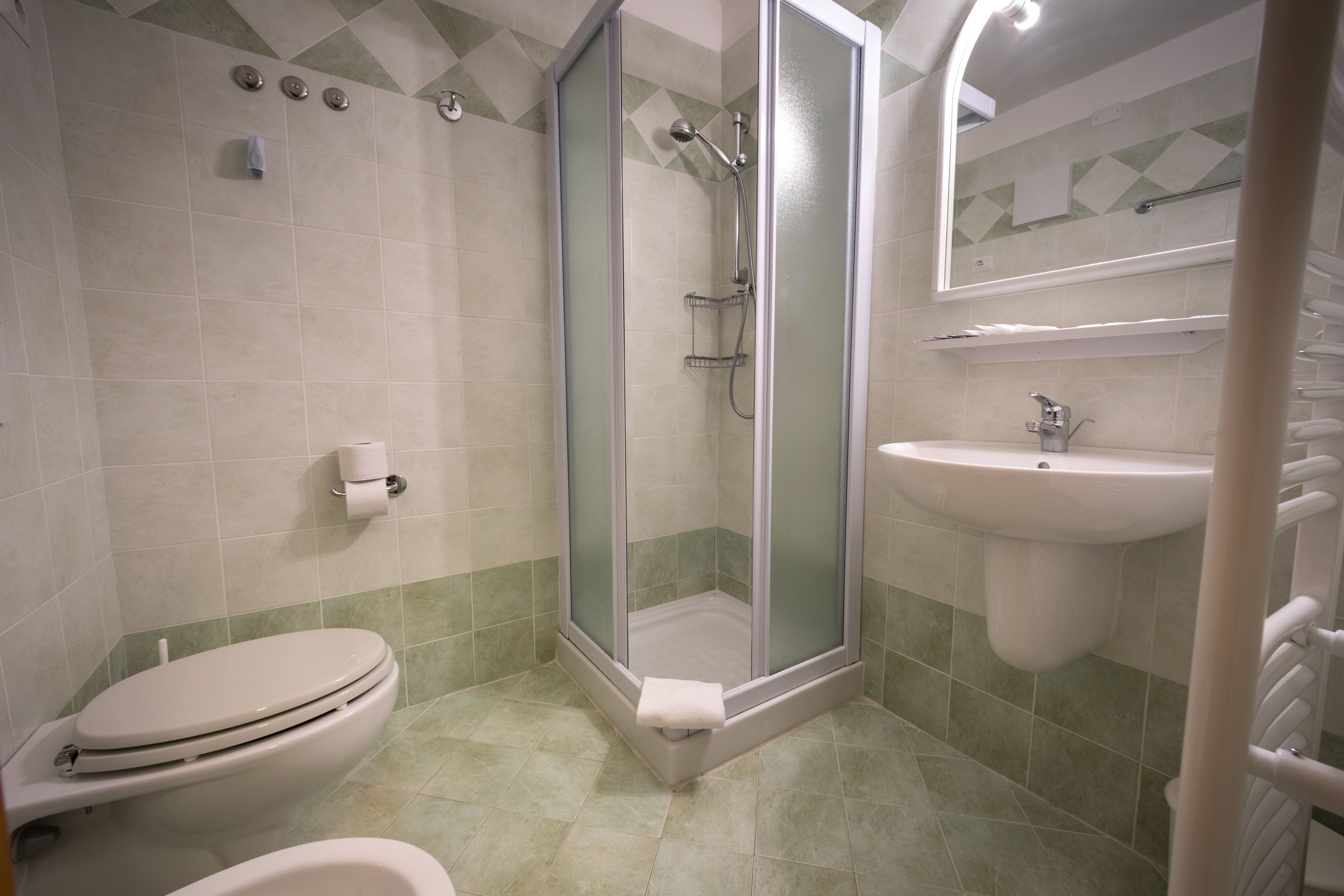 A bathroom with a toilet, shower, and sink.