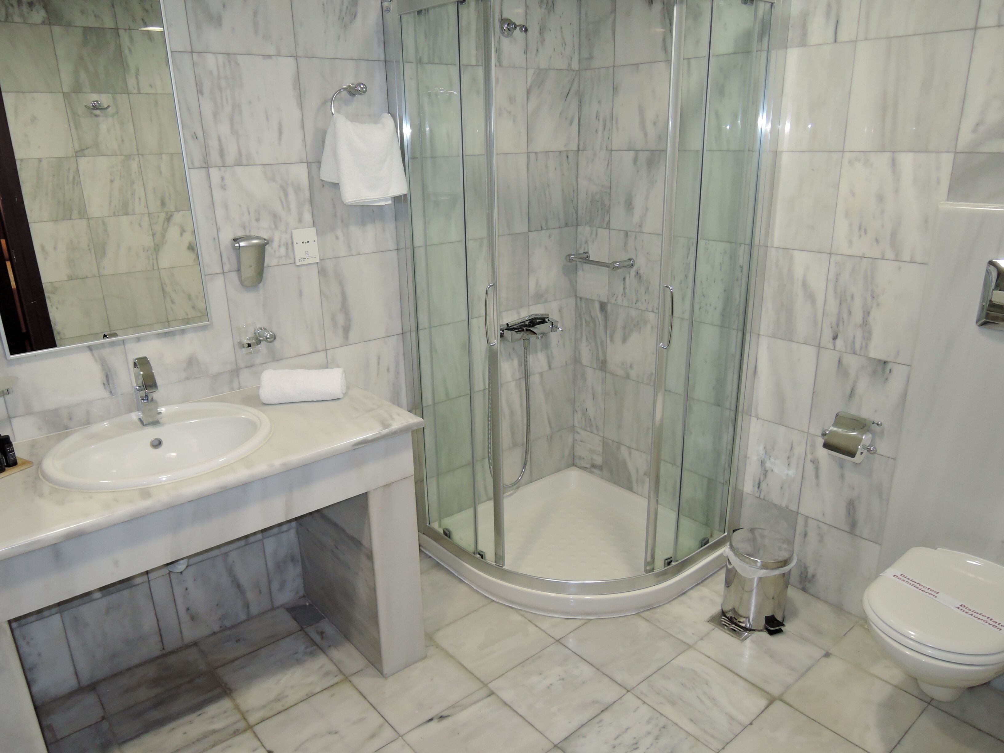 A modern bathroom with a glass-enclosed shower, a sink with a mirror, and a toilet.