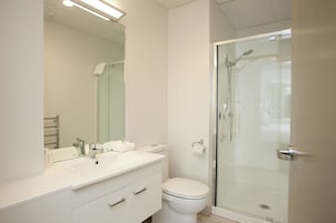 Shower, eco-friendly toiletries, hair dryer, towels
