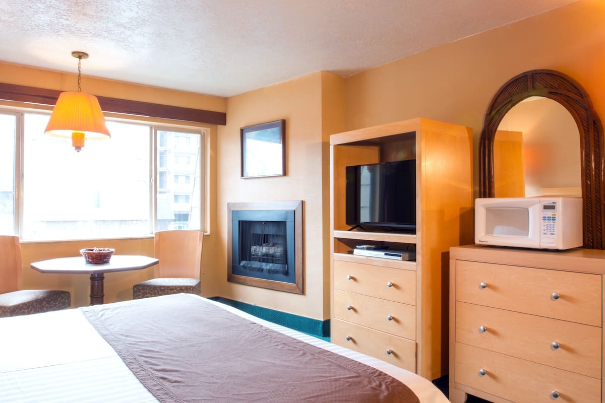 A hotel room with a bed, a television, a microwave, a fireplace, and a window with a view of buildings.