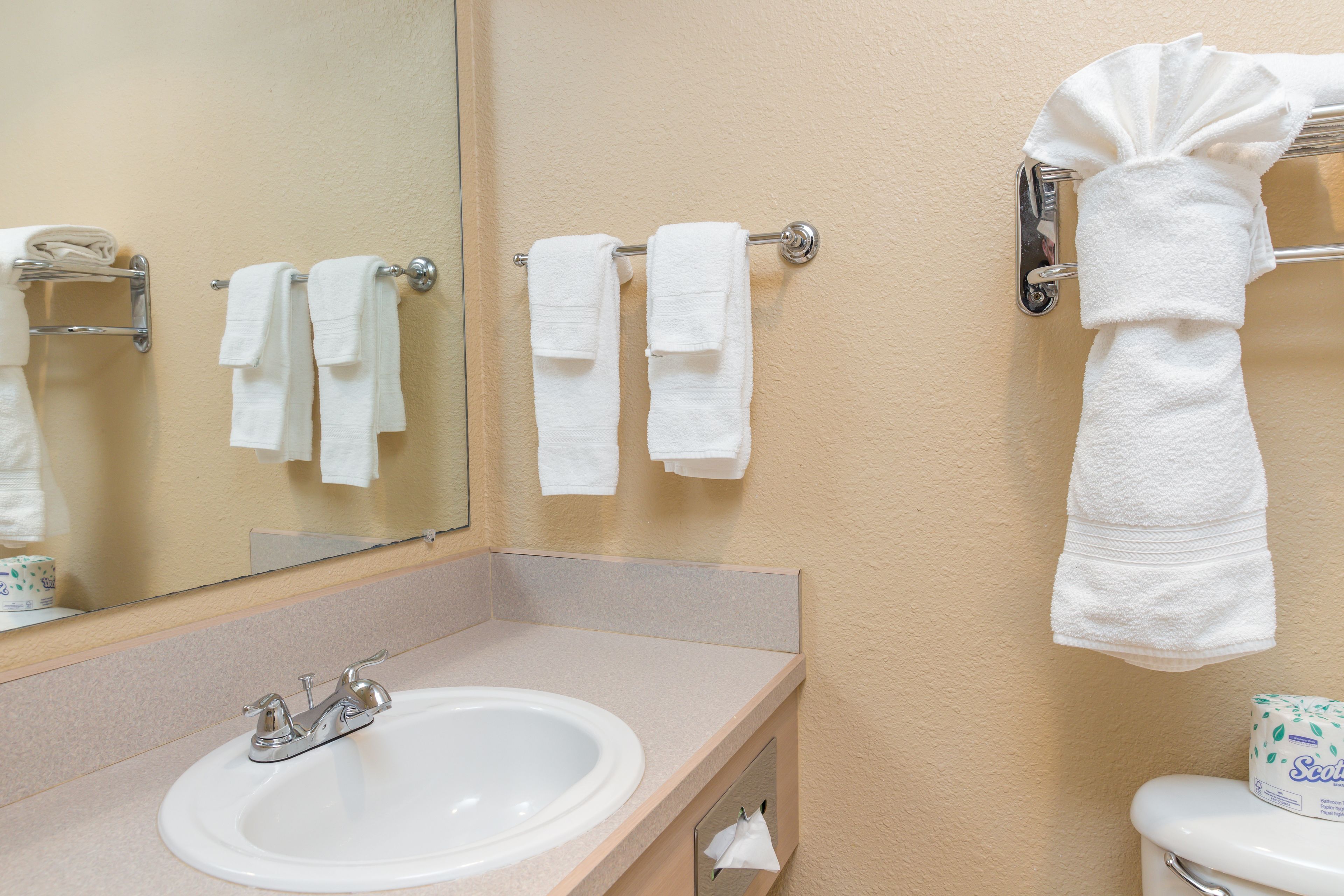 Ein Badezimmer mit Waschbecken, Spiegel, Handtuchhalter und Toilette.