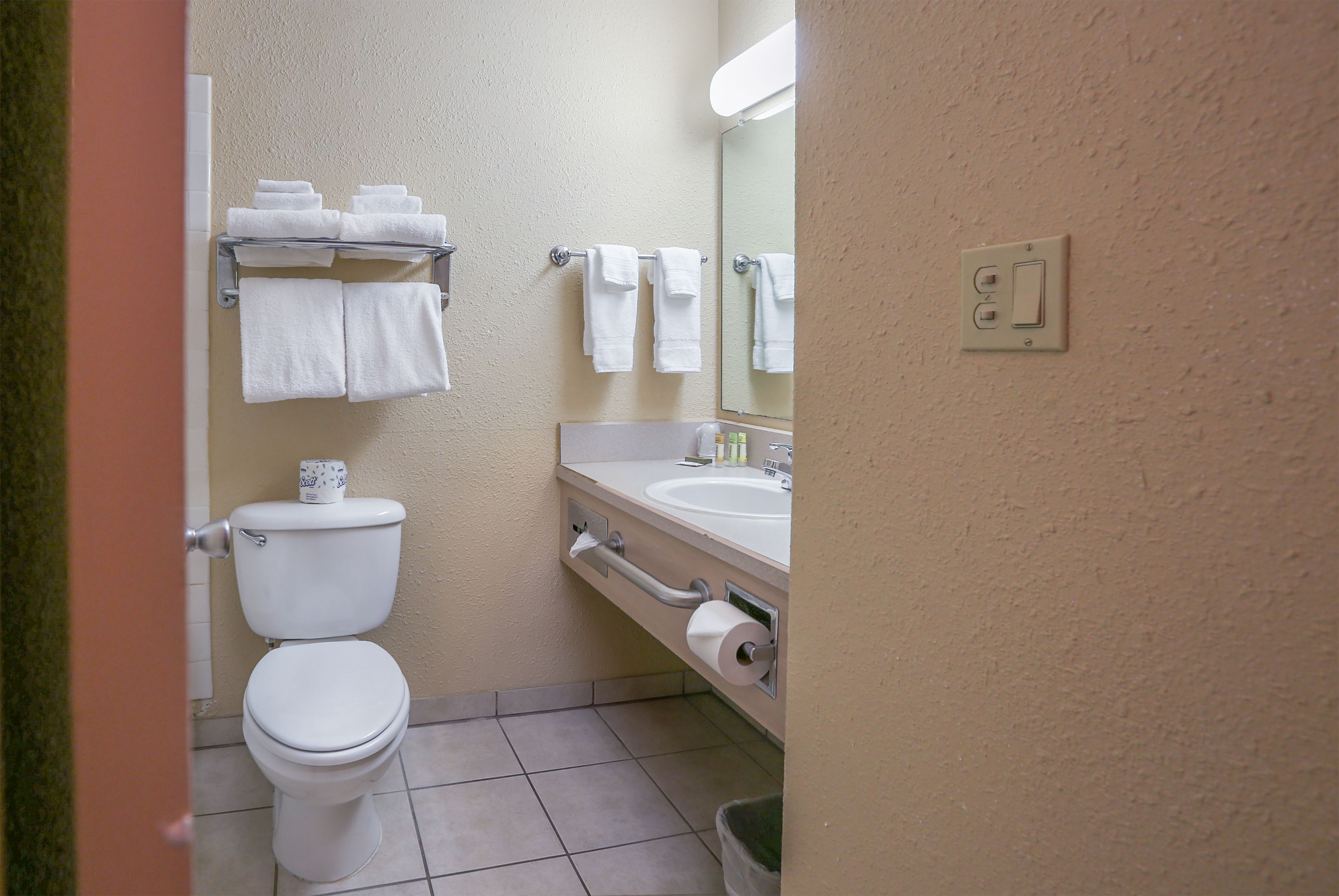 Een badkamer met toilet, handdoekhouder, wastafel en spiegel.