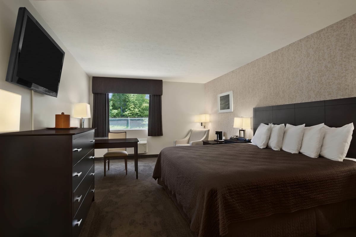 A hotel room with a large bed, a desk, a chair, a television, and a window with curtains.