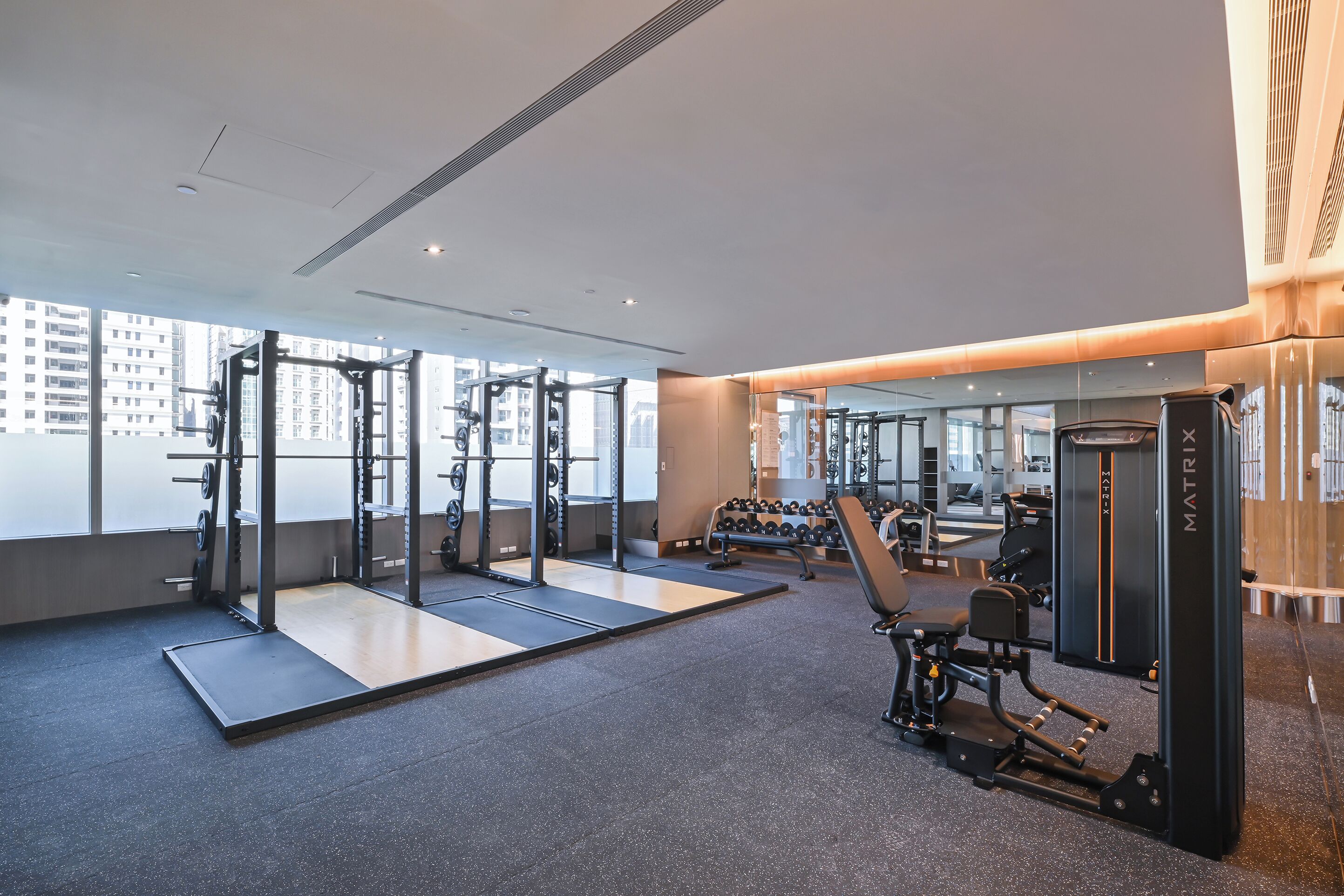 A modern gym with weightlifting equipment, a mirror wall, and a view of buildings outside.
