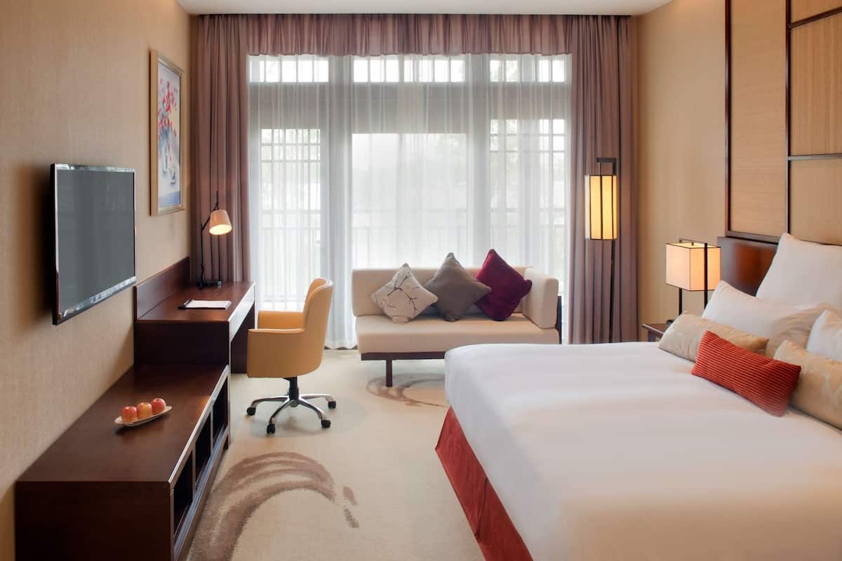 Habitación de hotel con cama, escritorio con televisor de pantalla plana, silla, sofá con almohadas y ventana con cortinas.