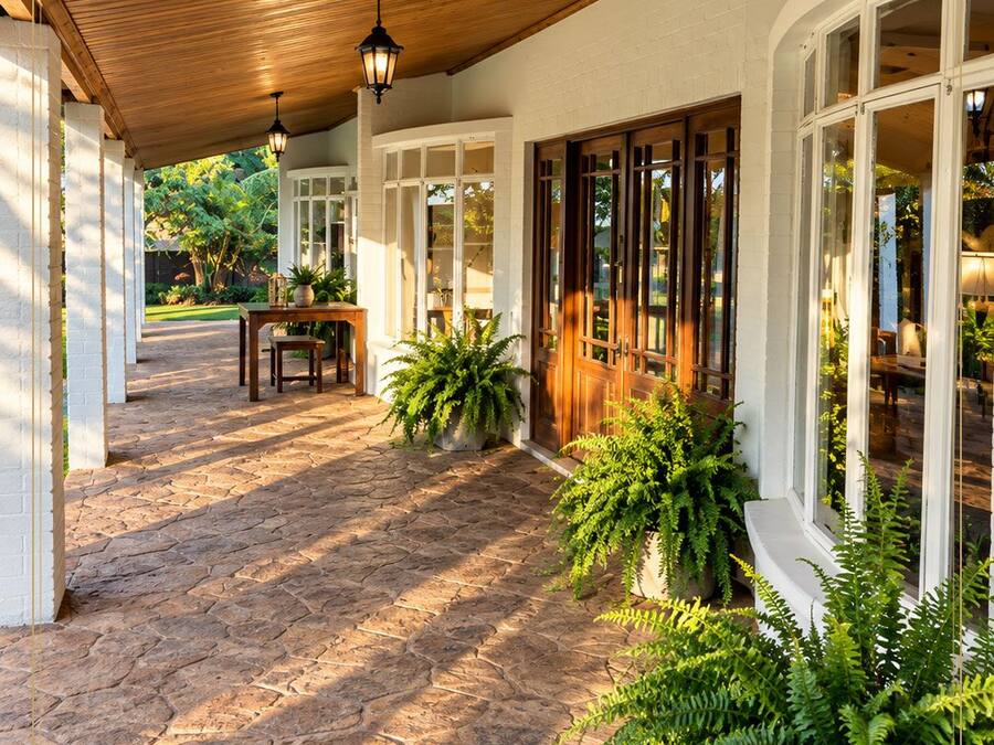 A covered patio with stone flooring, wooden ceiling, and large windows.