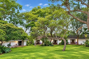 A bungalow-style property with a well-maintained lawn, multiple trees, and a clear sky.
