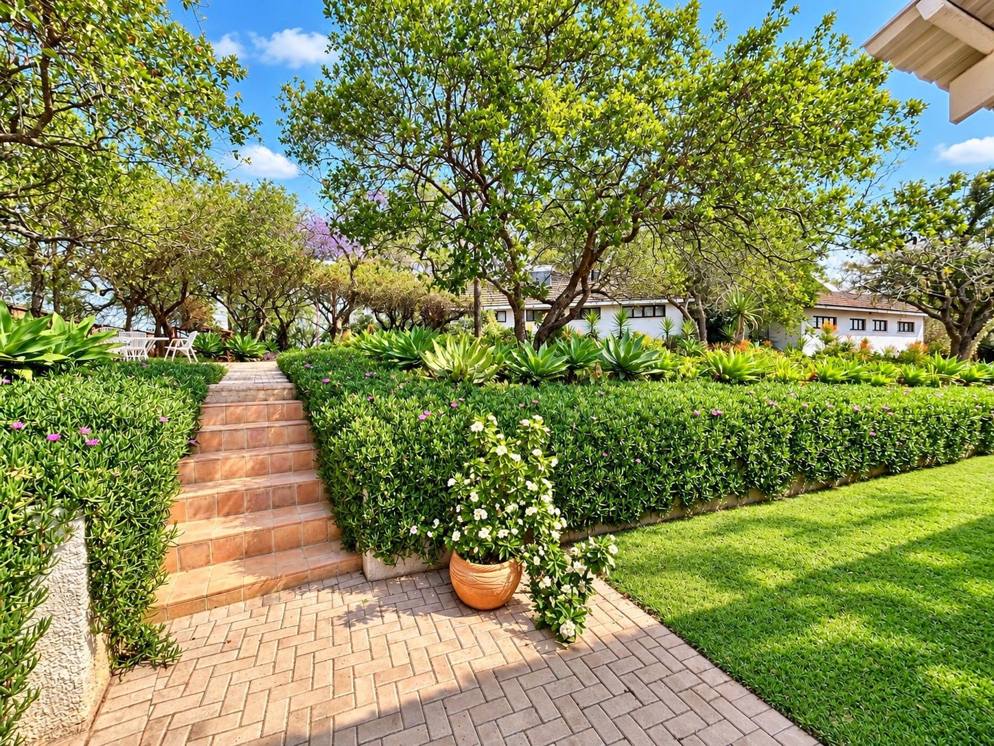 Un giardino curato con un vialetto lastricato che conduce a una casa.
