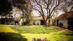 A courtyard with a lawn, a flower bed, and a building with a tiled roof. - Musketeers Lodge (Bulawayo)