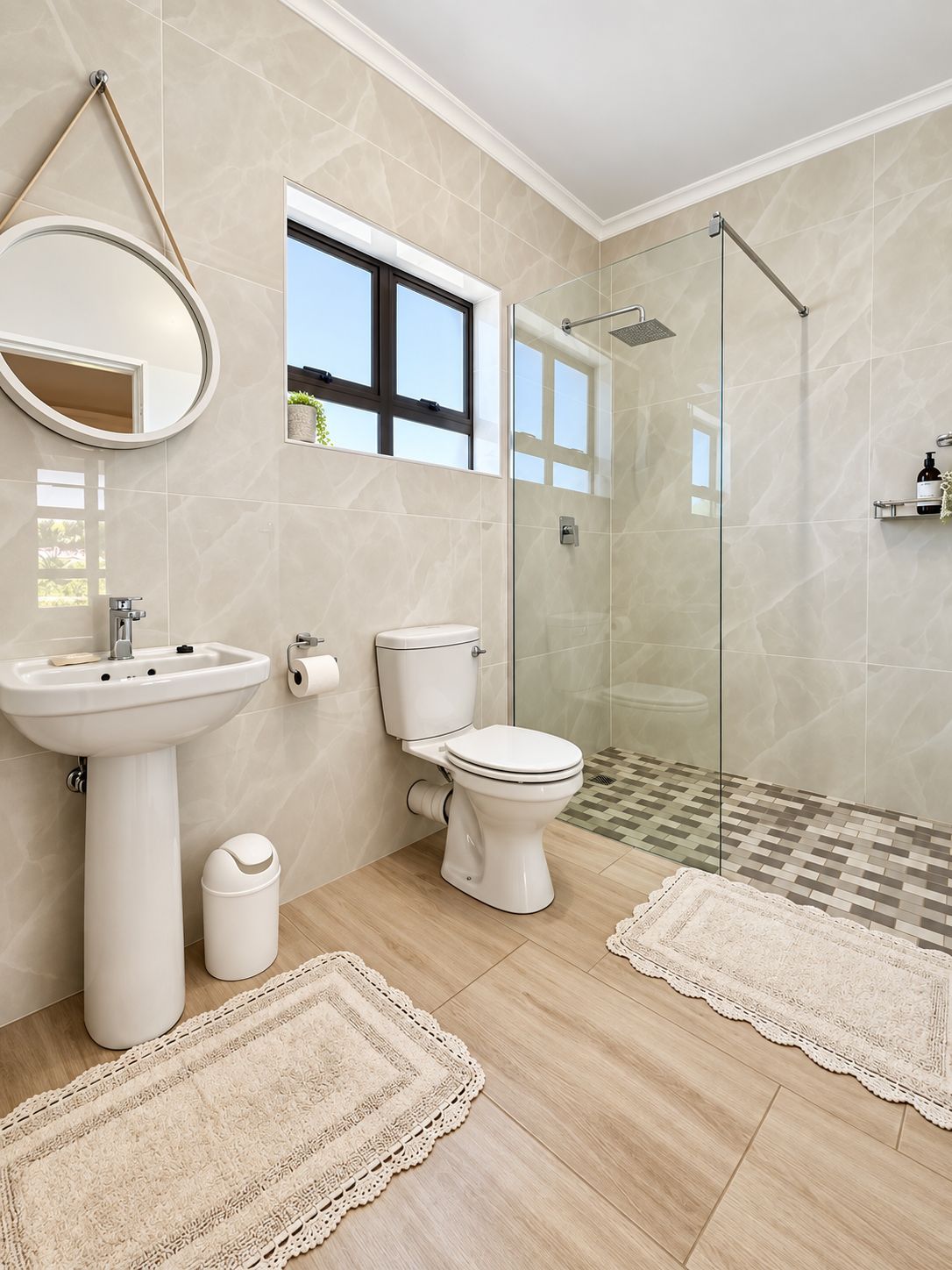 Een moderne badkamer met een glazen douchecabine, een wastafel, toilet en een spiegel.