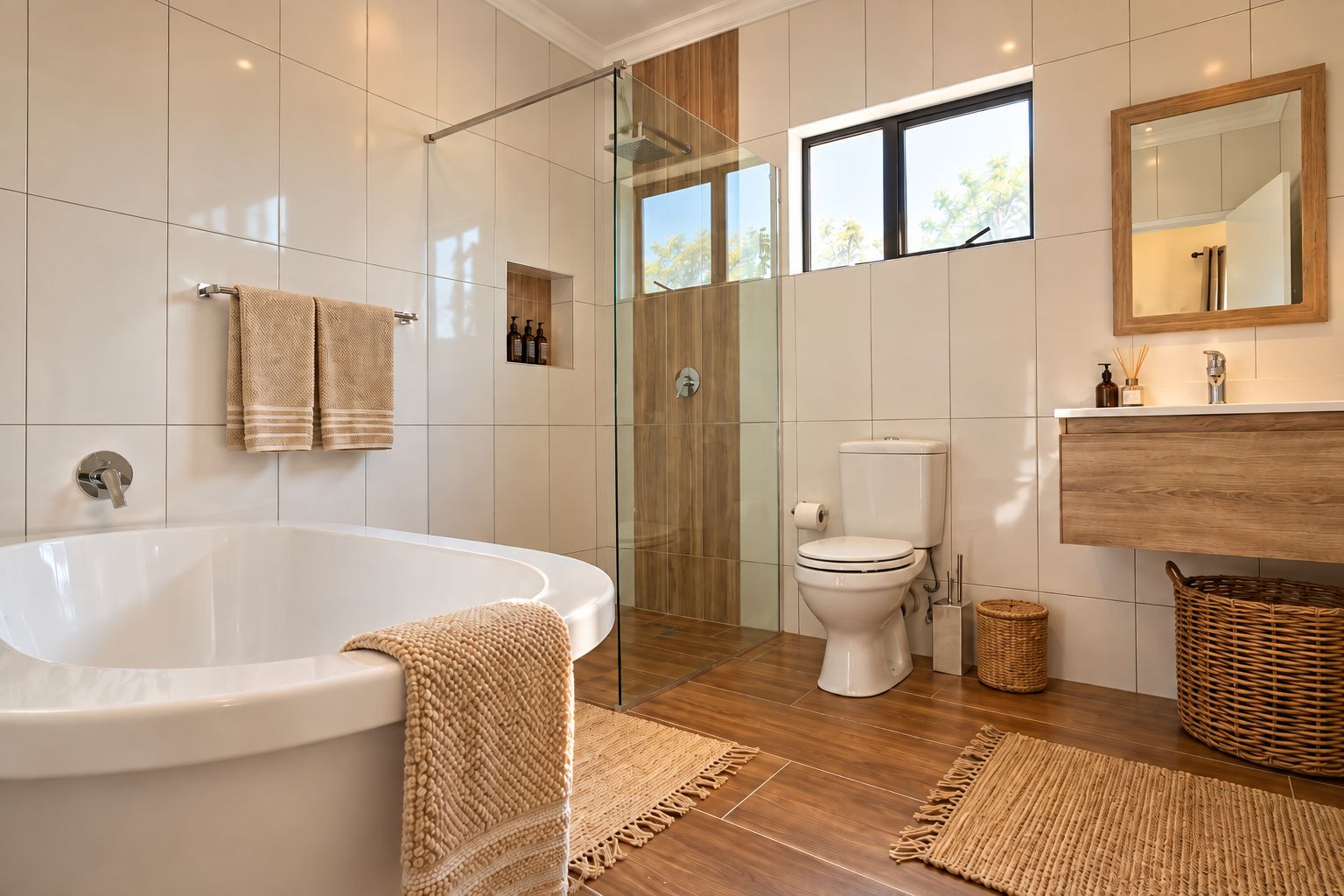 A modern bathroom with a freestanding bathtub, a glass-enclosed shower, and a toilet.