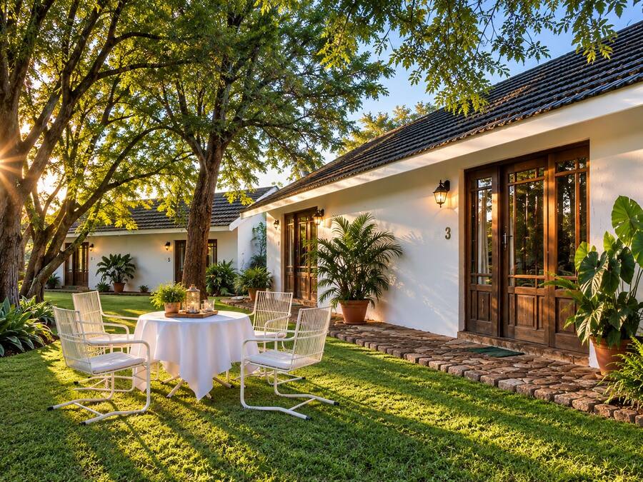 Una casa con patio, mobiliario exterior y plantas en macetas.