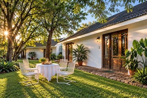 Una casa con patio, mobiliario exterior y plantas en macetas.