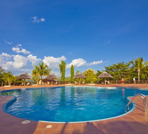 Outdoor pool, pool umbrellas, pool loungers