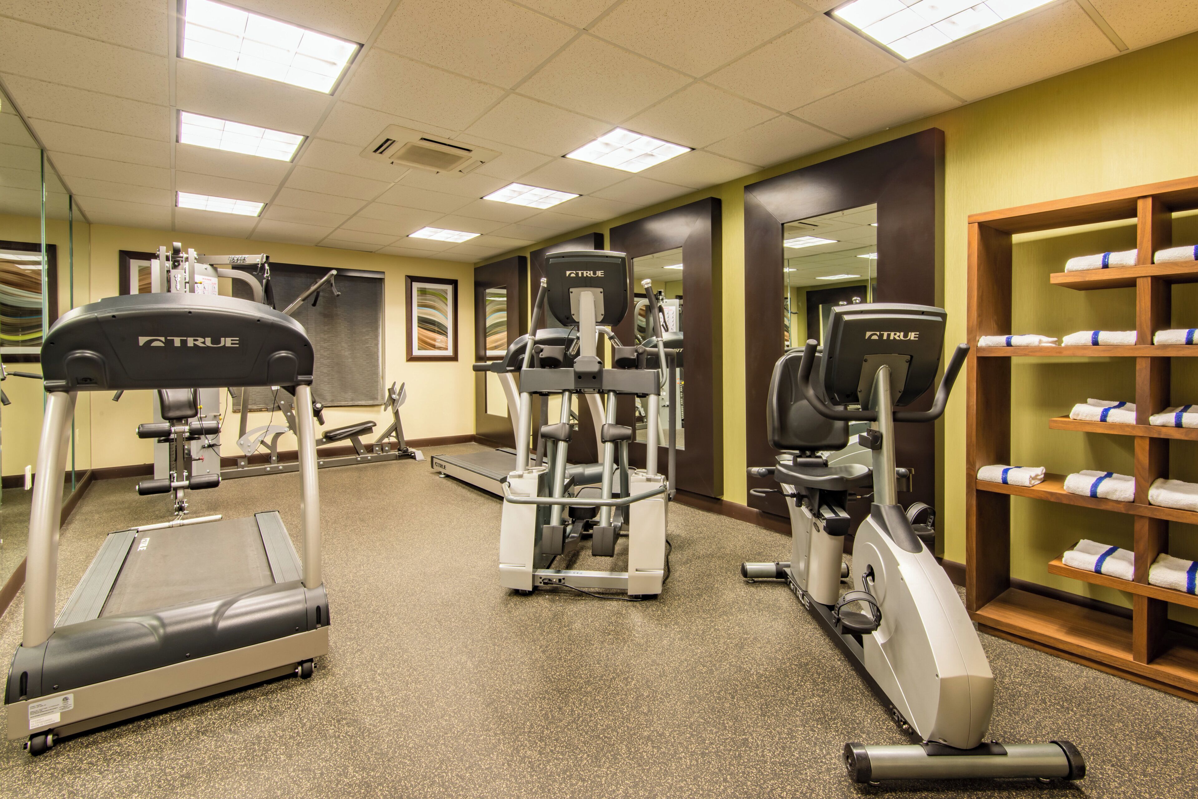 A fitness center with treadmills, elliptical machines, and weight equipment.
