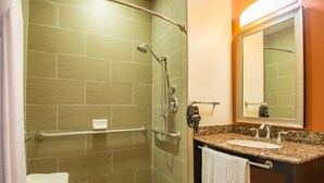 A modern bathroom with a shower, grab bars, a sink, and a mirror.