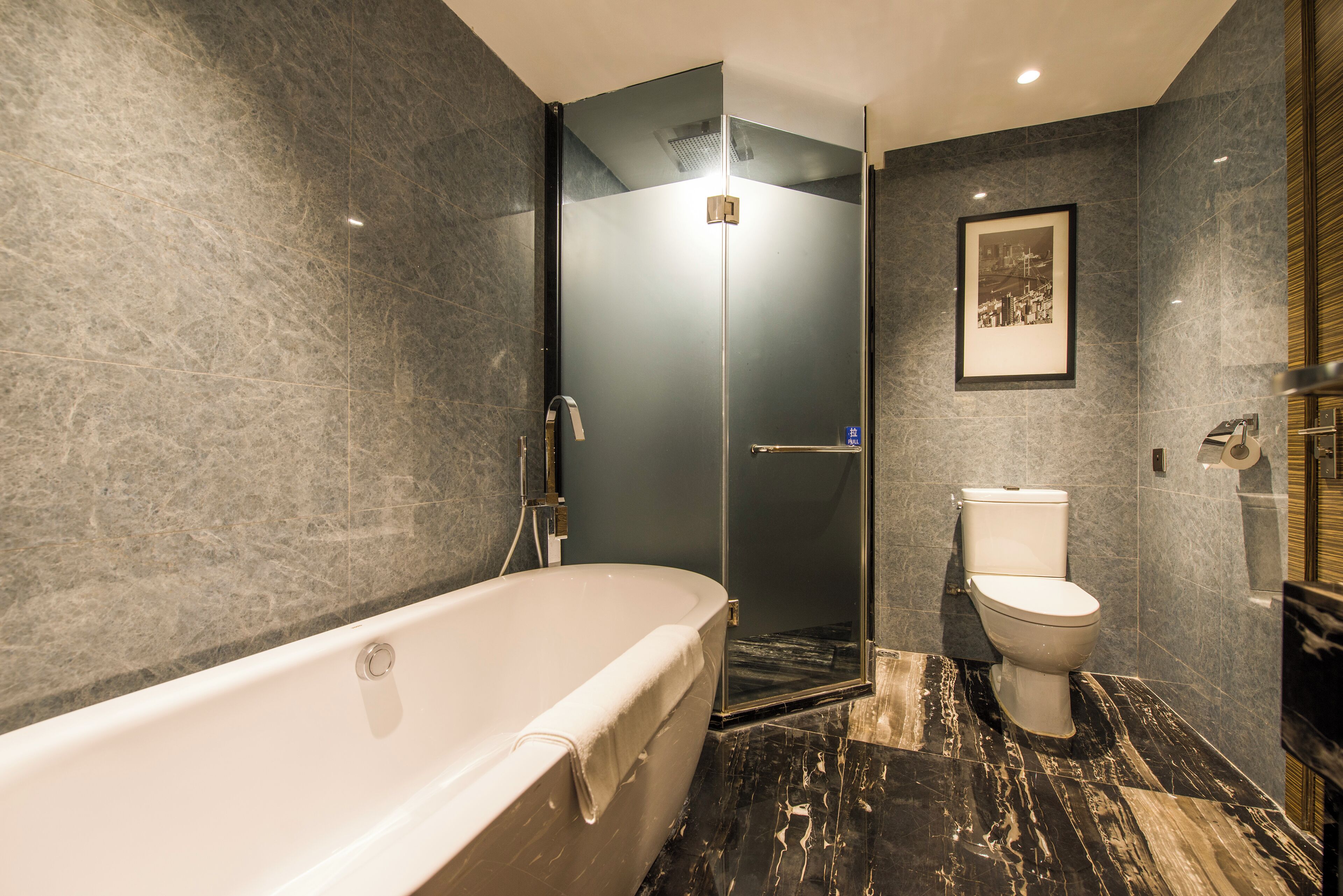 Un baño moderno con una bañera independiente, ducha con cerramiento de vidrio y un inodoro.