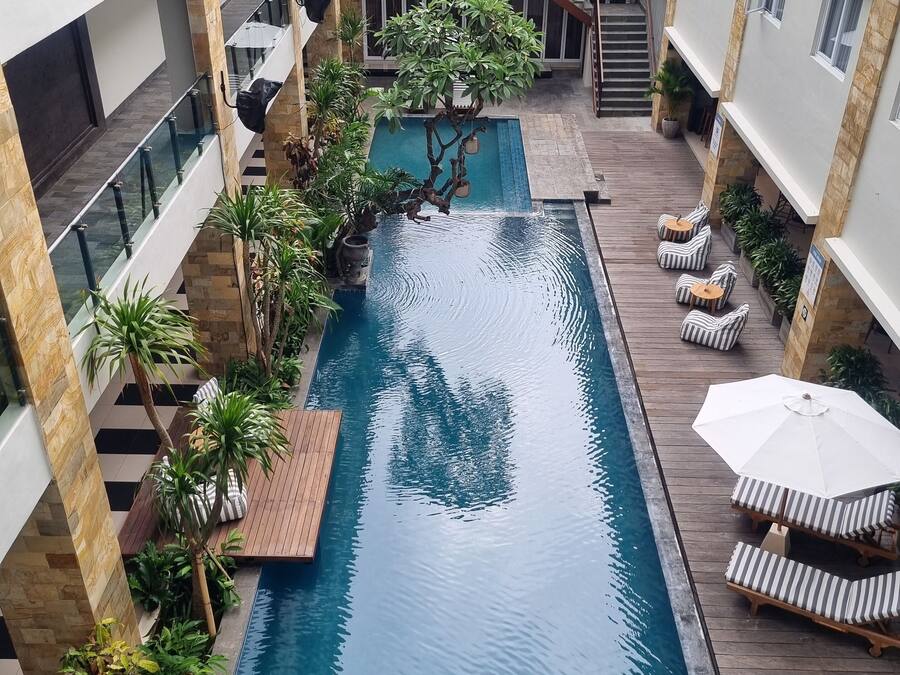 Outdoor pool, sun loungers