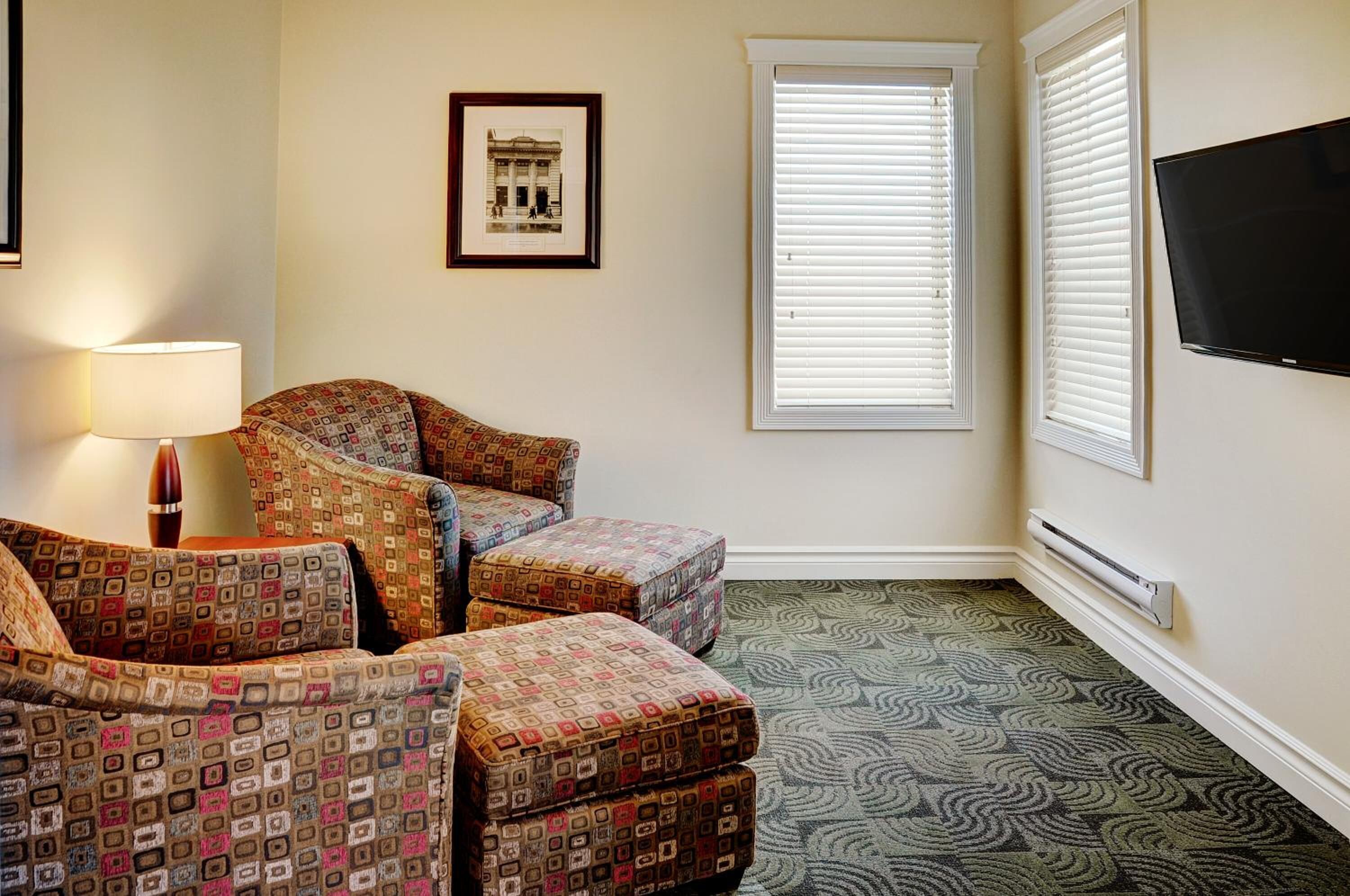 Une chambre d’hôtel avec des fauteuils à motifs, un lampadaire, un tableau encadré, une fenêtre avec des stores, un téléviseur à écran plat et une moquette à motifs.