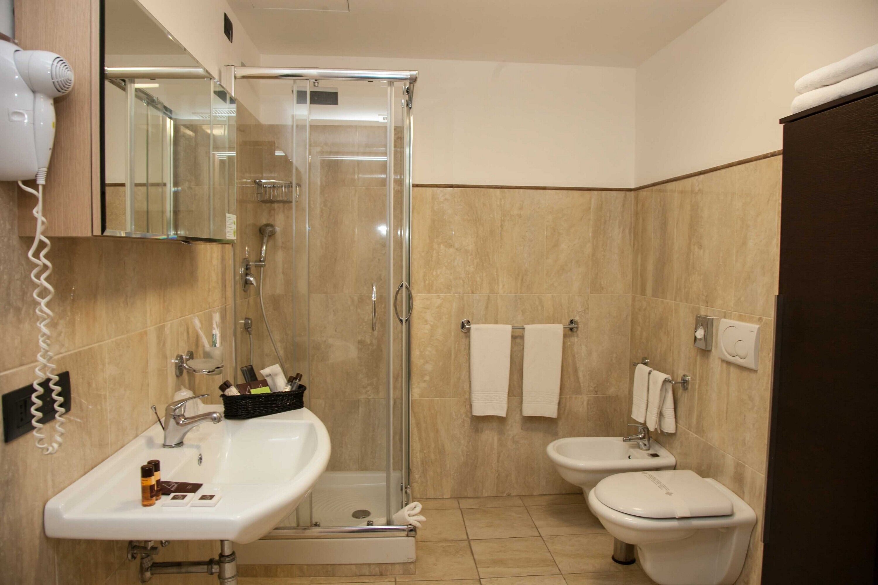 hair dryer, bidet, towels