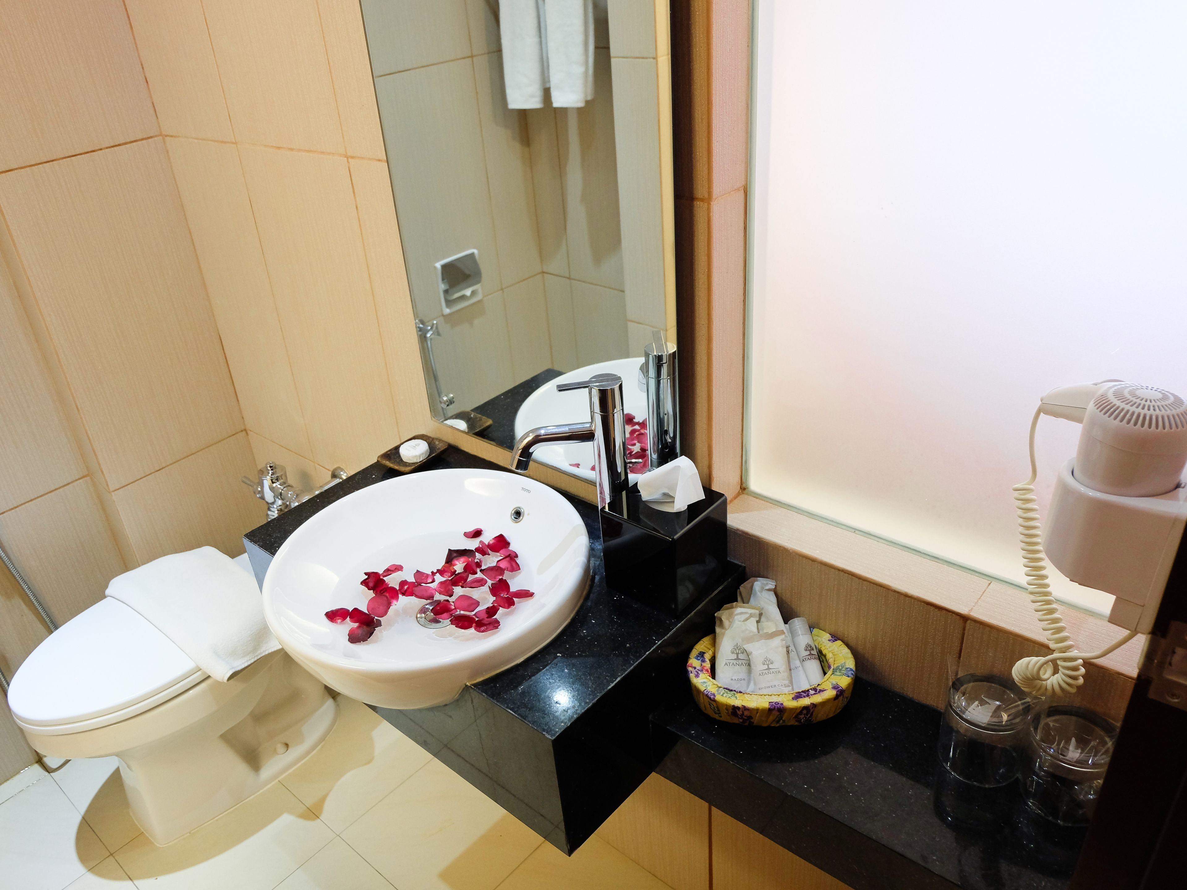 shower, free toiletries, hair dryer, slippers