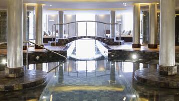 Indoor pool, seasonal outdoor pool, pool umbrellas, sun loungers